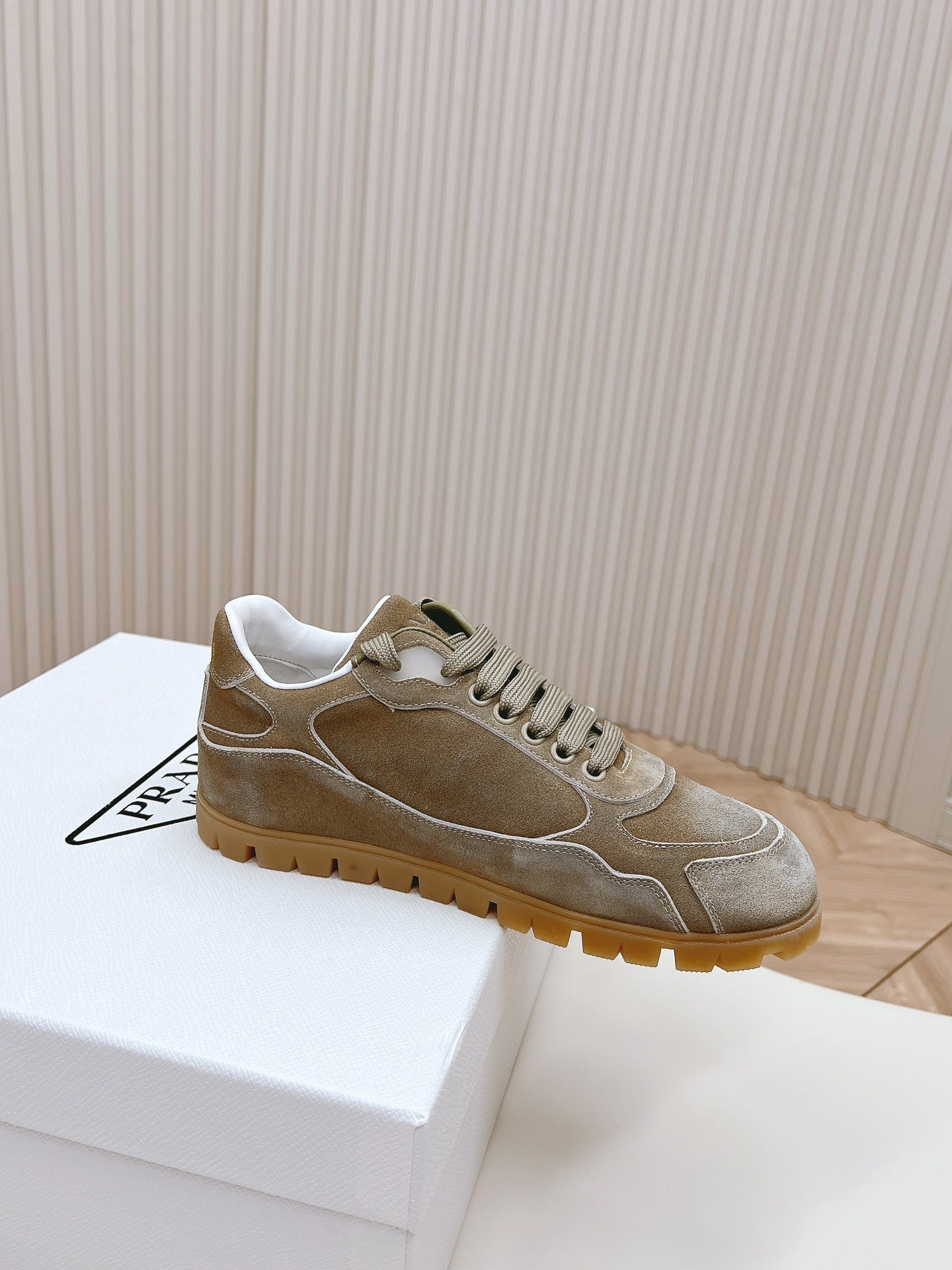 PRADA FADED SUEDE SNEAKERS CARAMEL AND WHITE
