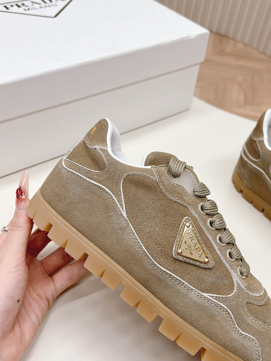 PRADA FADED SUEDE SNEAKERS CARAMEL AND WHITE