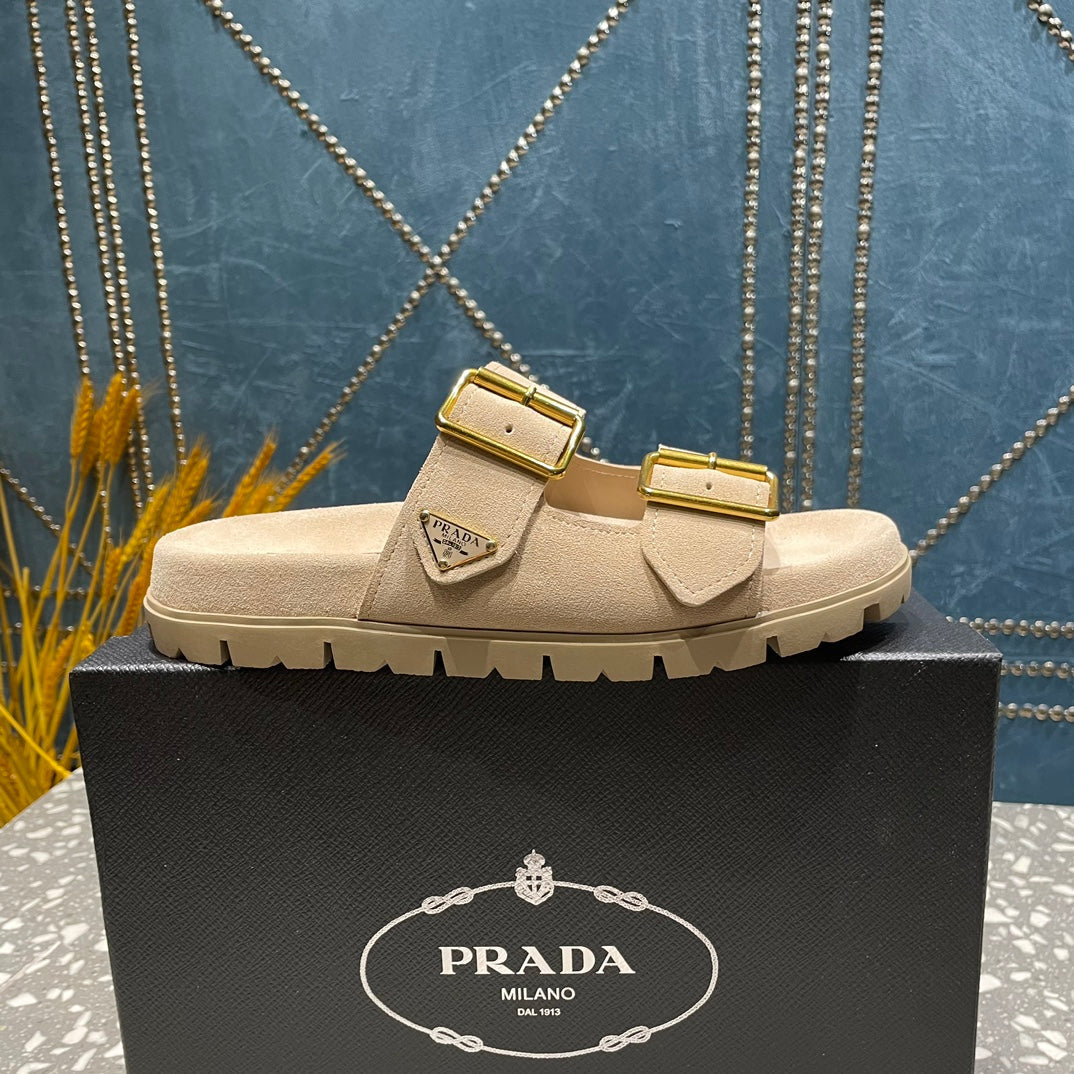 PRADA STRAP SLIDES SANLS BEIGE SUEDE