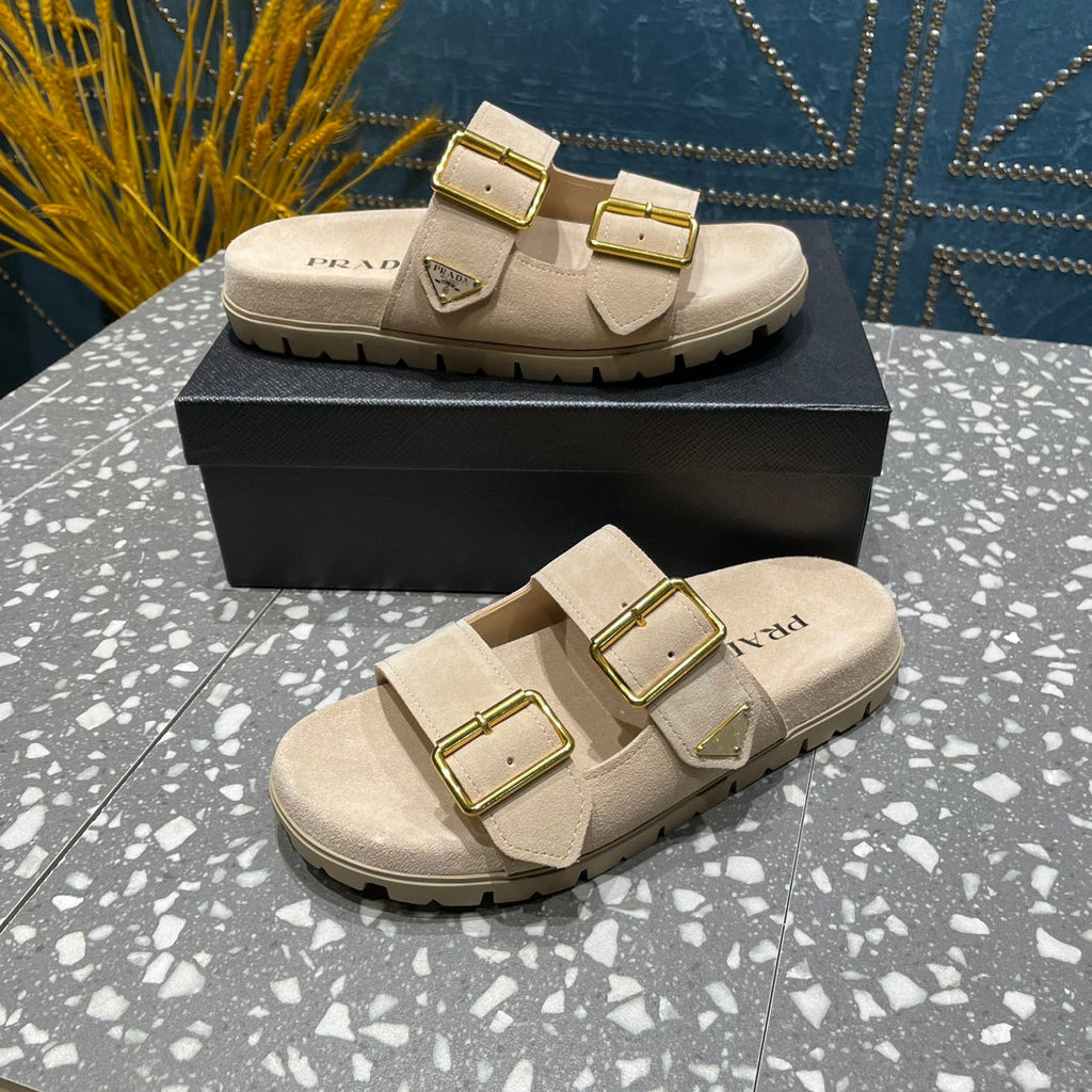 PRADA STRAP SLIDES SANLS BEIGE SUEDE