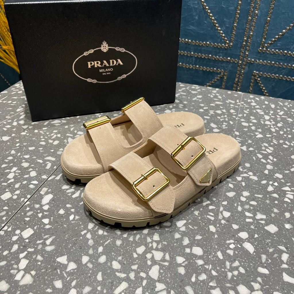 PRADA STRAP SLIDES SANLS BEIGE SUEDE