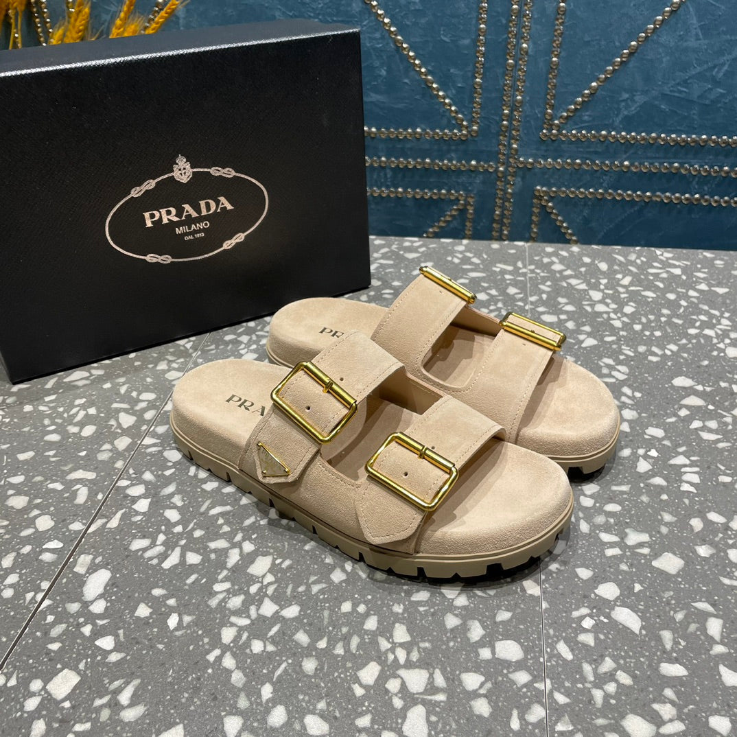 PRADA STRAP SLIDES SANLS BEIGE SUEDE