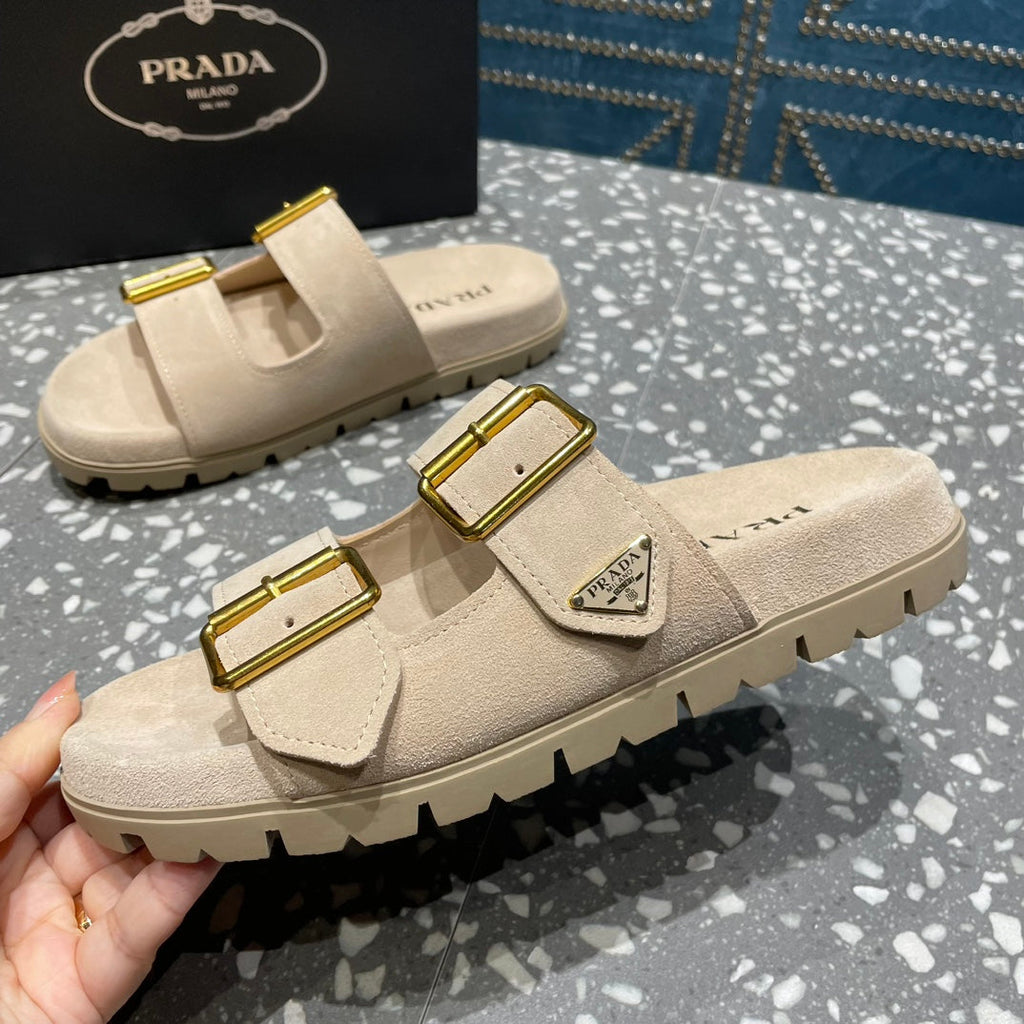 PRADA STRAP SLIDES SANLS BEIGE SUEDE