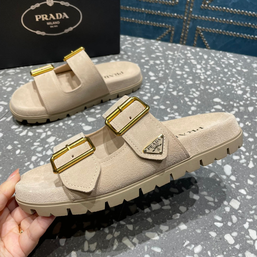 PRADA STRAP SLIDES SANLS BEIGE SUEDE