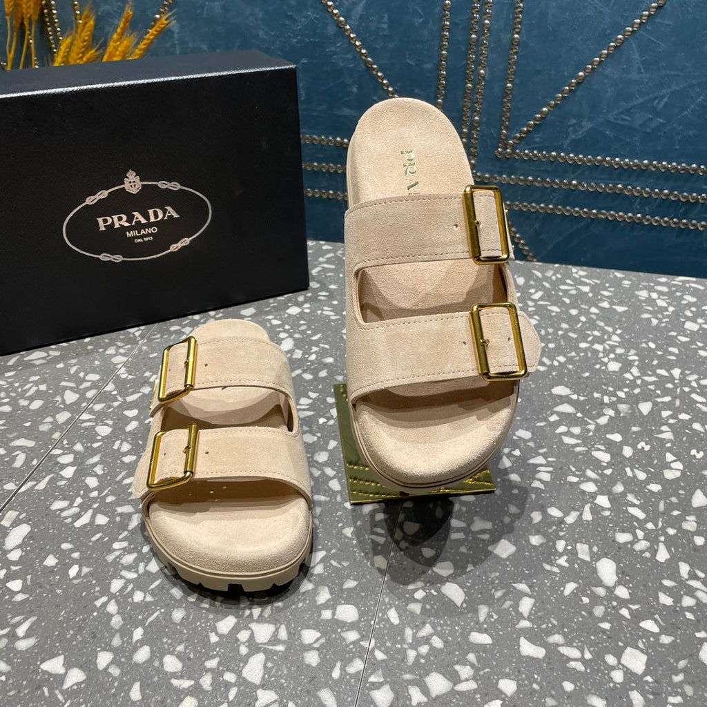 PRADA STRAP SLIDES SANLS BEIGE SUEDE