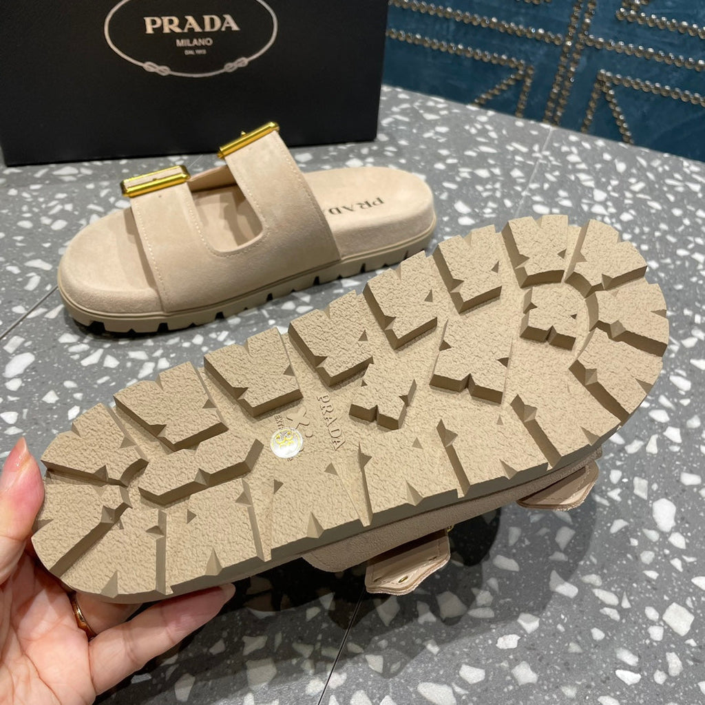 PRADA STRAP SLIDES SANLS BEIGE SUEDE