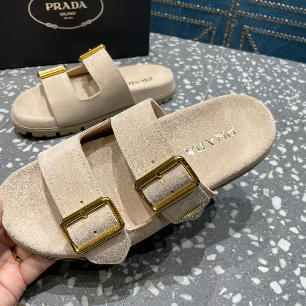 PRADA STRAP SLIDES SANLS BEIGE SUEDE