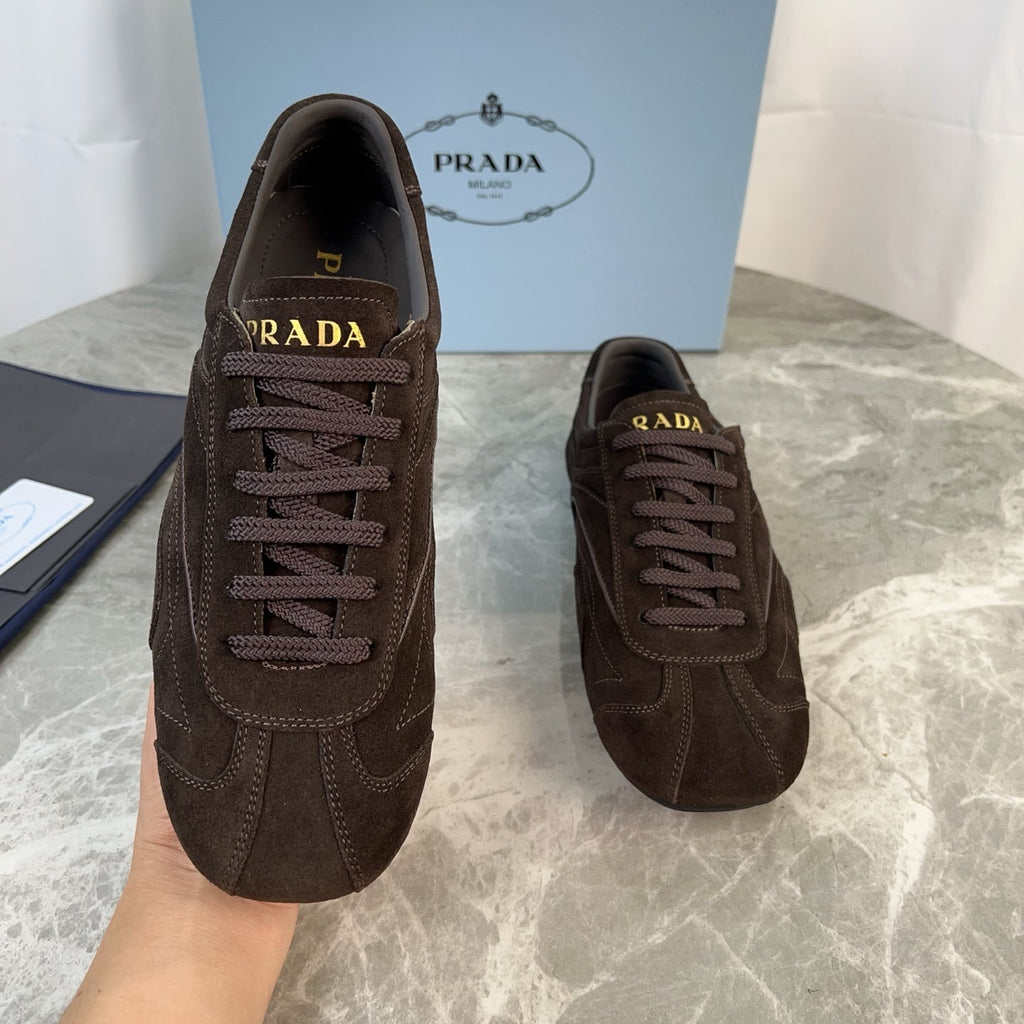 PRADA 25S MONTECARLO ANTIQUED SNEAKERS IN RK BROWN SUEDE