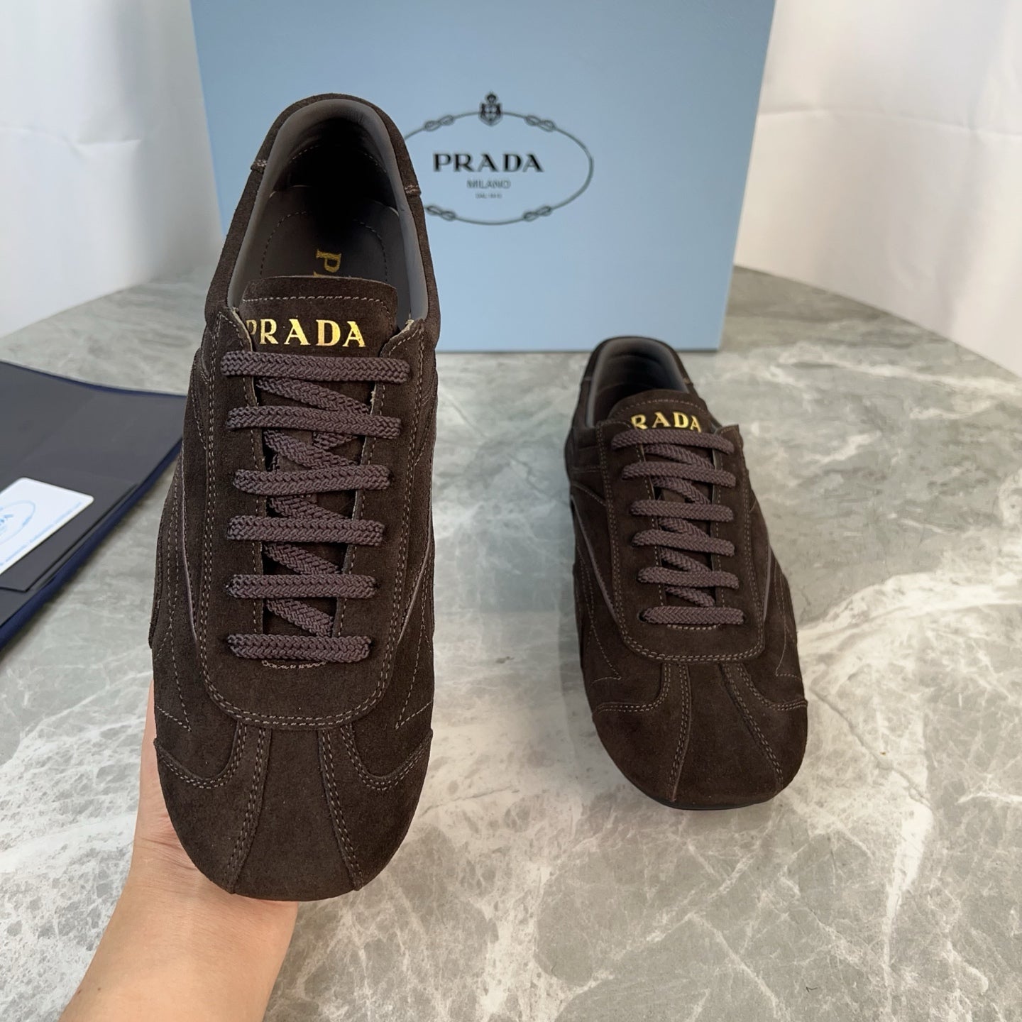 PRADA 25S MONTECARLO ANTIQUED SNEAKERS IN RK BROWN SUEDE