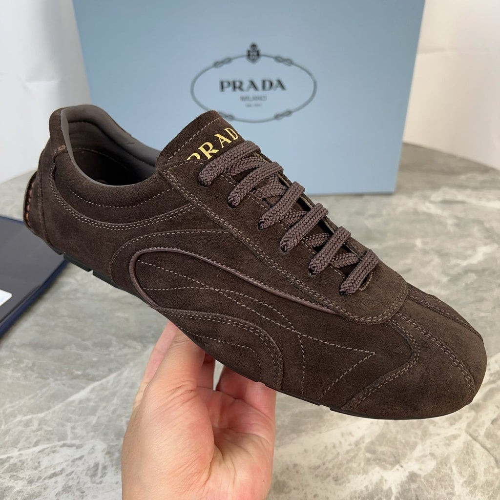 PRADA 25S MONTECARLO ANTIQUED SNEAKERS IN RK BROWN SUEDE