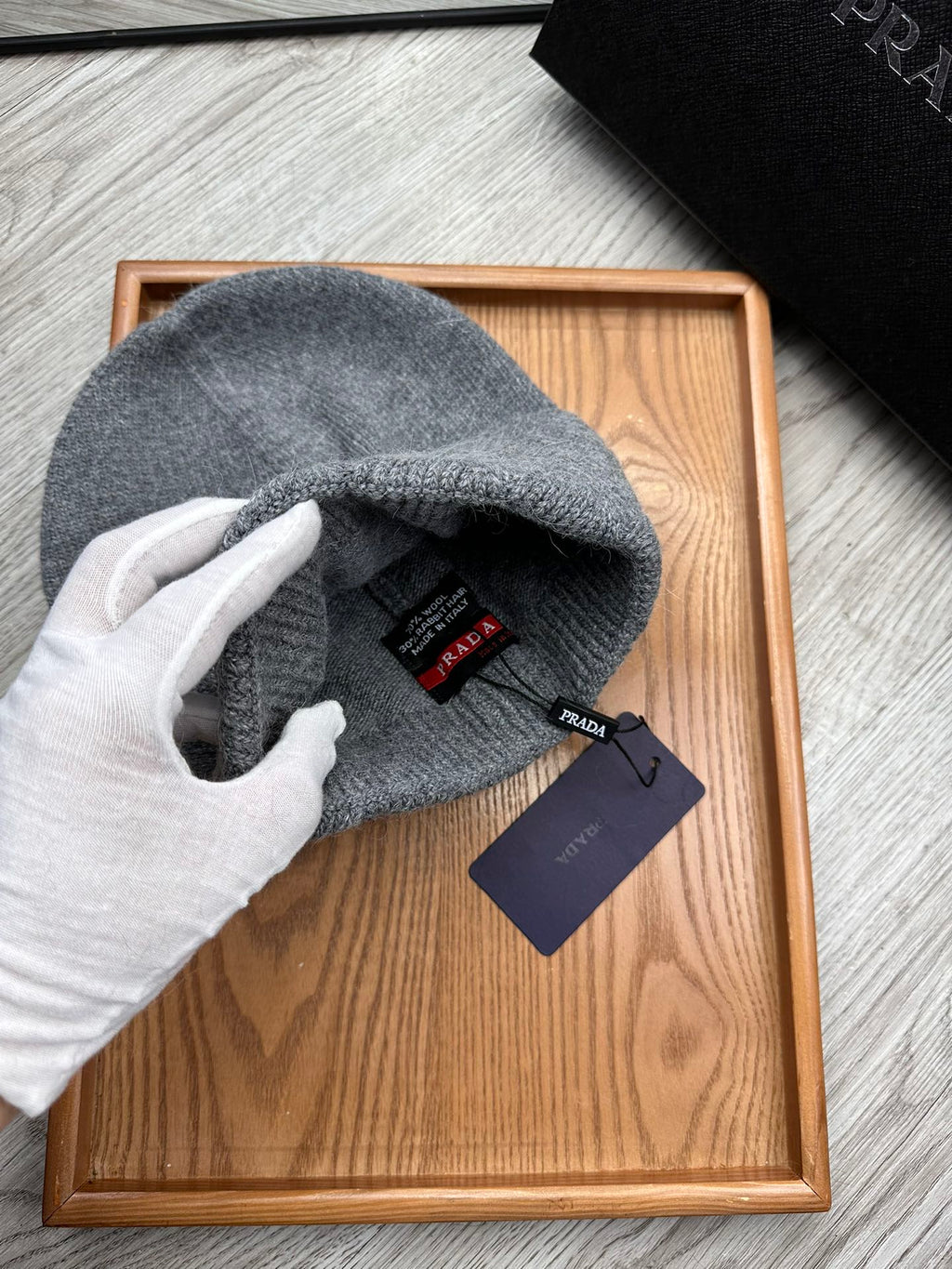 PRADA BEANIE HAT IN SHADOW GRAY WOOL AND RABBIT FUR 436396