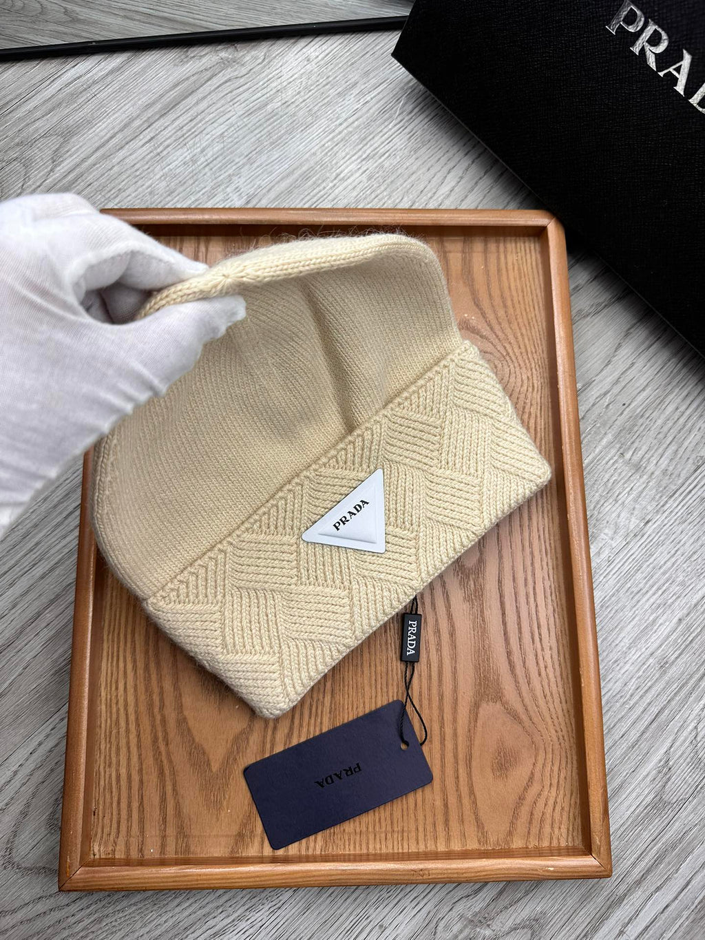 PRADA BEANIE HAT IN BISQUE BEIGE WOOL AND RABBIT FUR 436397