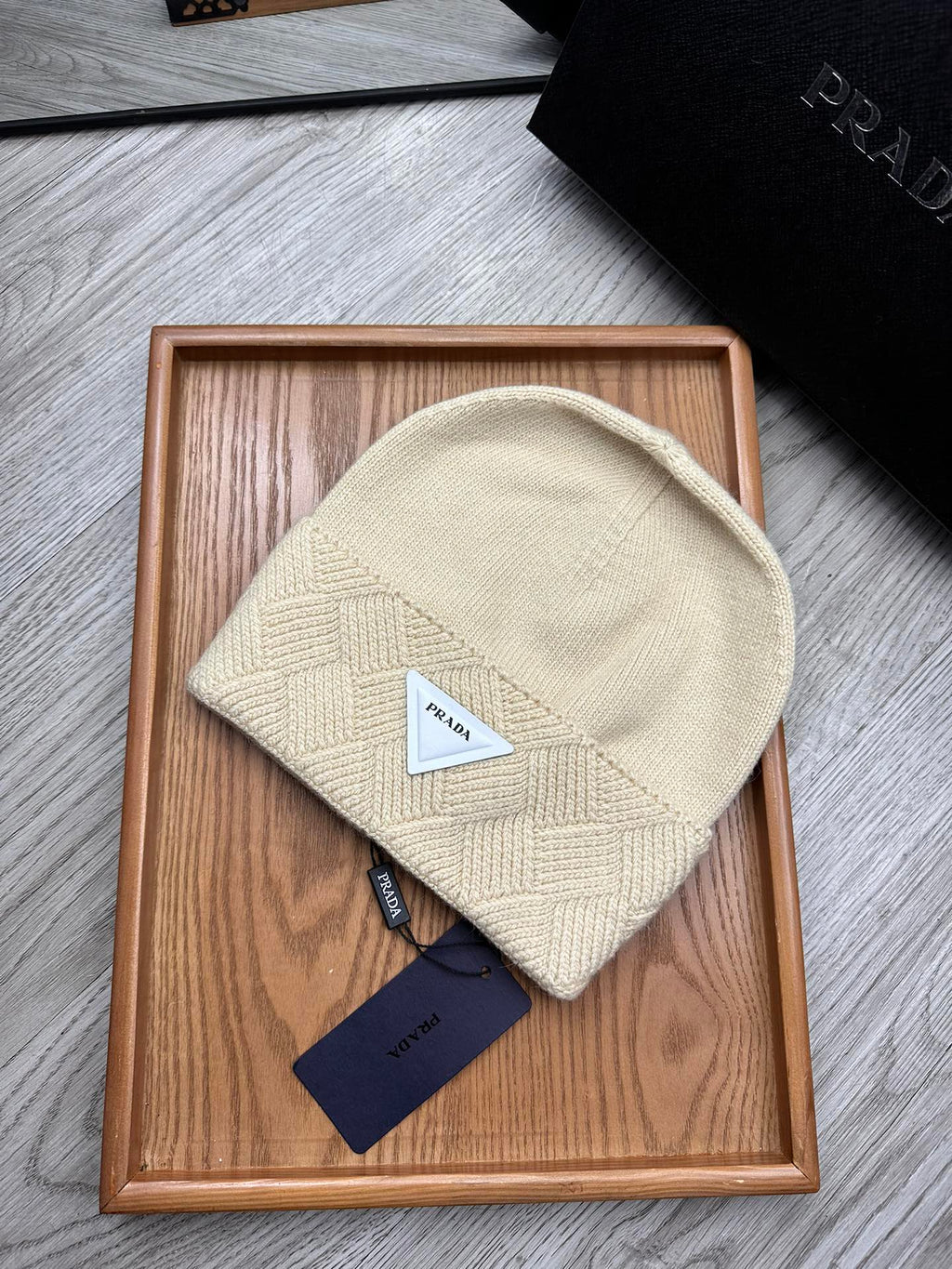 PRADA BEANIE HAT IN BISQUE BEIGE WOOL AND RABBIT FUR 436397