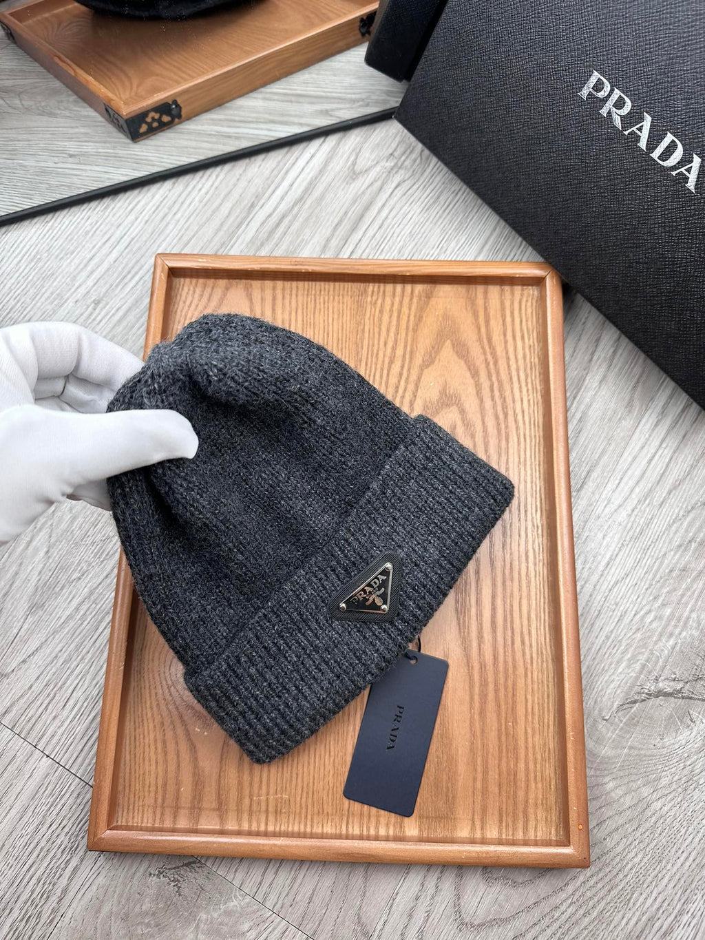 PRADA BEANIE HAT IN CHARCOAL GRAY WOOL 332391