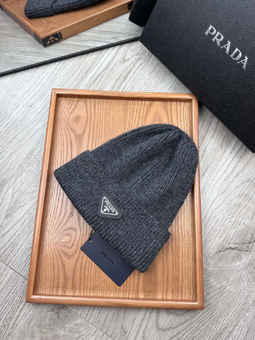 PRADA BEANIE HAT IN CHARCOAL GRAY WOOL 332391