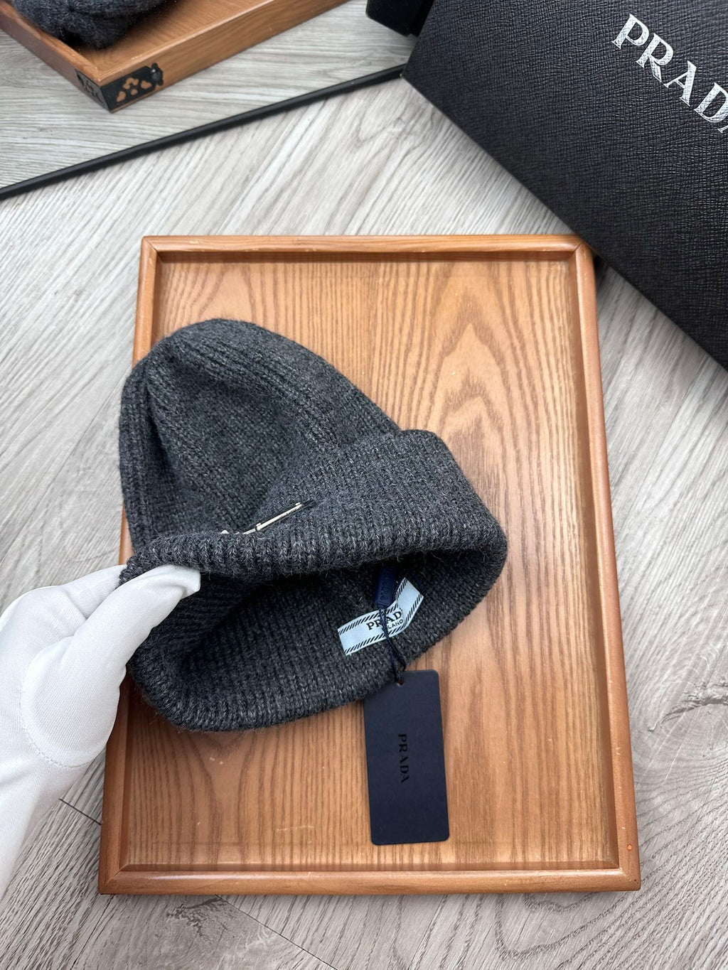 PRADA BEANIE HAT IN CHARCOAL GRAY WOOL 332391