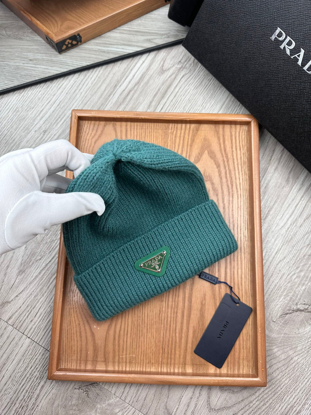 PRADA BEANIE HAT IN TEAL GREEN WOOL 332392