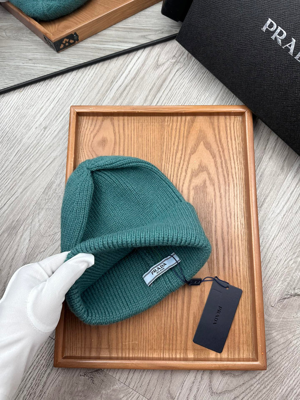 PRADA BEANIE HAT IN TEAL GREEN WOOL 332392