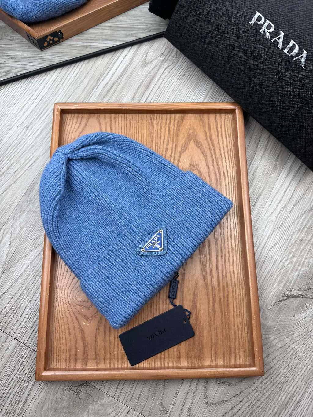 PRADA BEANIE HAT IN DOGGER BLUE WOOL 332396