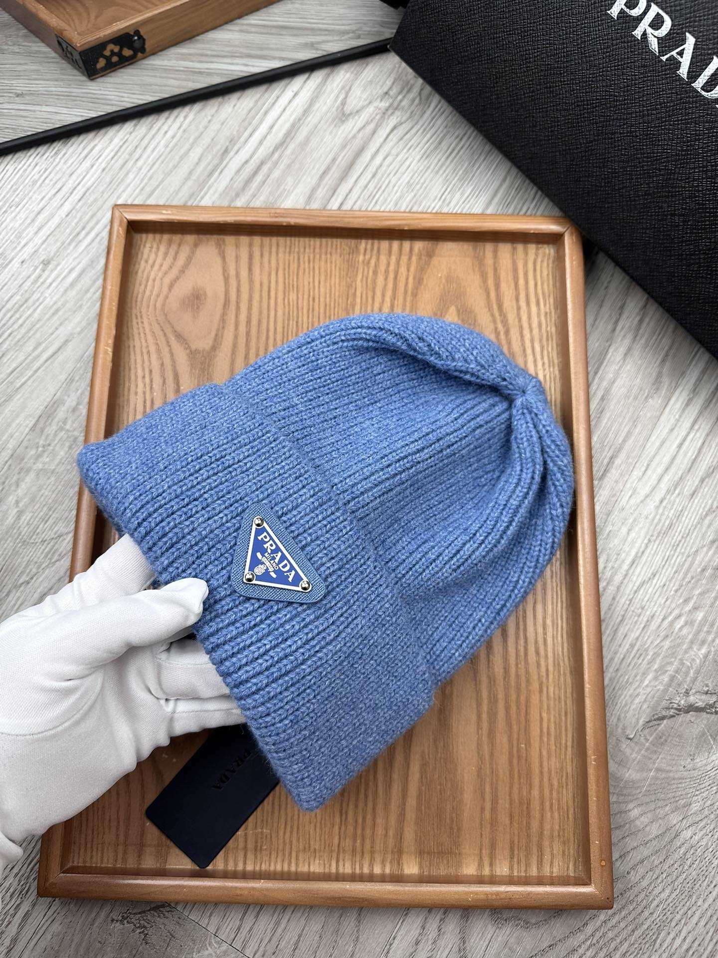 PRADA BEANIE HAT IN DOGGER BLUE WOOL 332396
