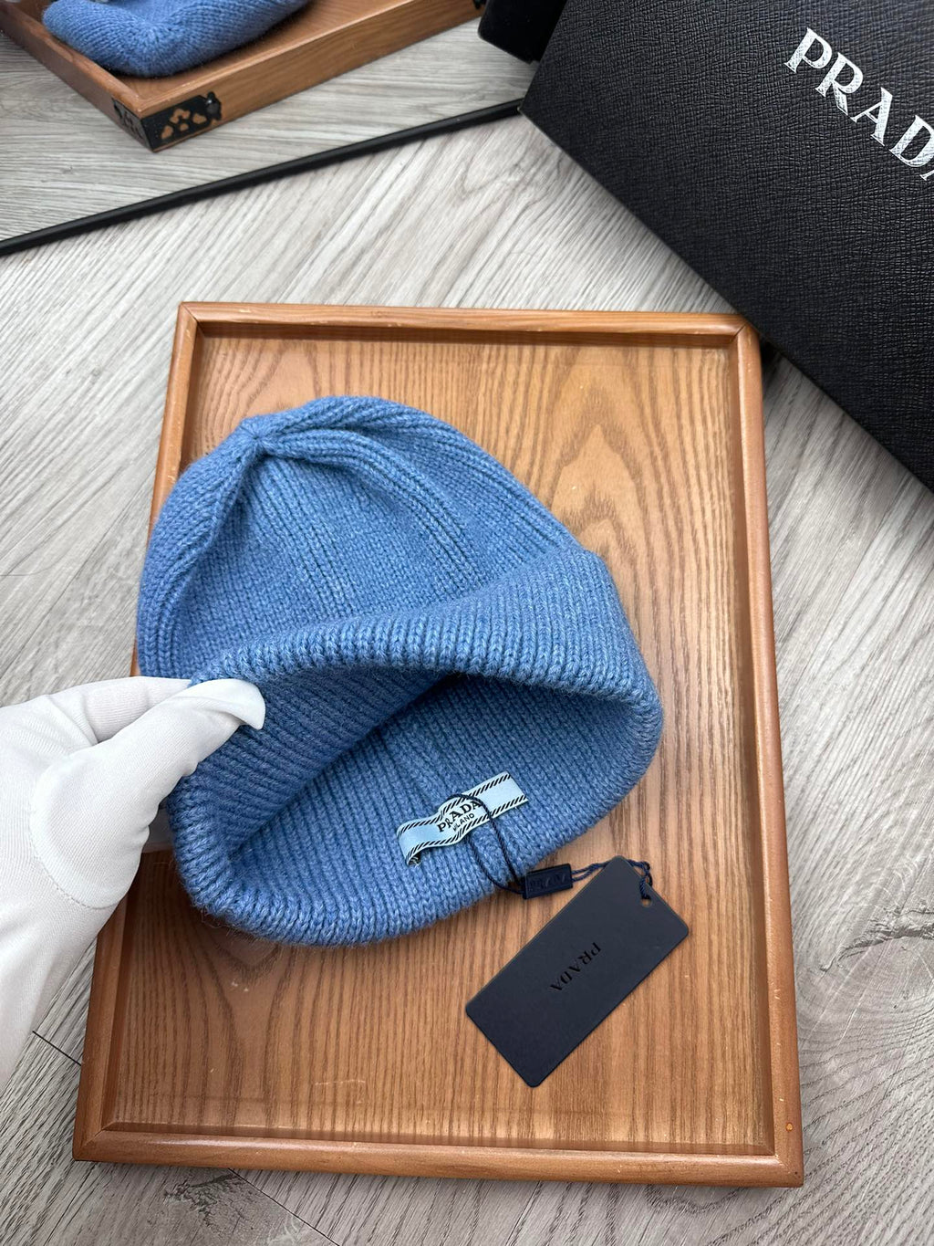 PRADA BEANIE HAT IN DOGGER BLUE WOOL 332396