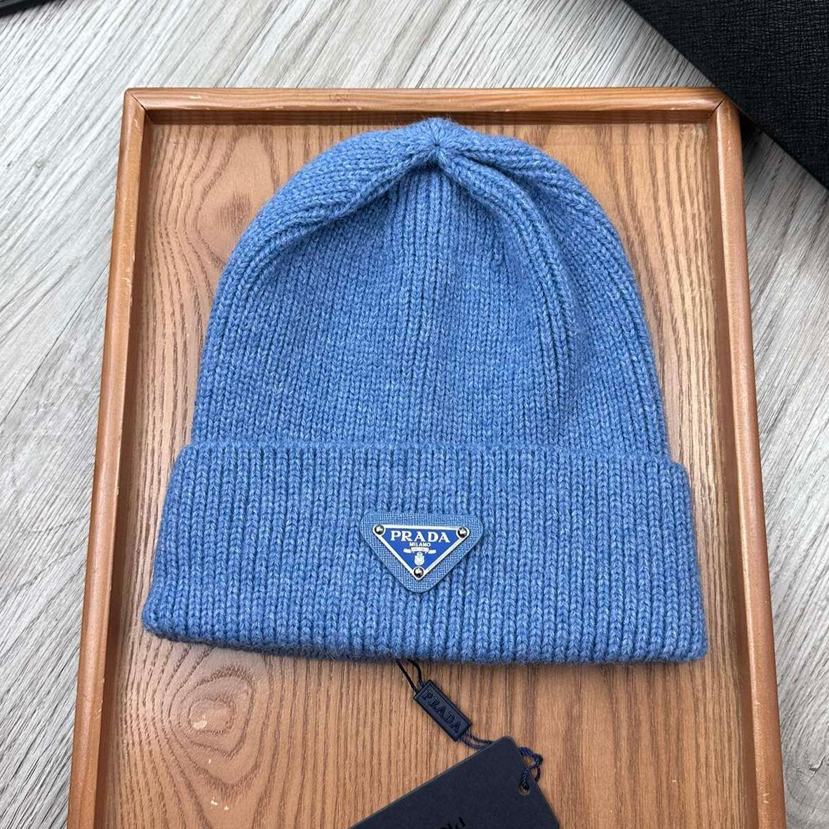 PRADA BEANIE HAT IN DOGGER BLUE WOOL 332396