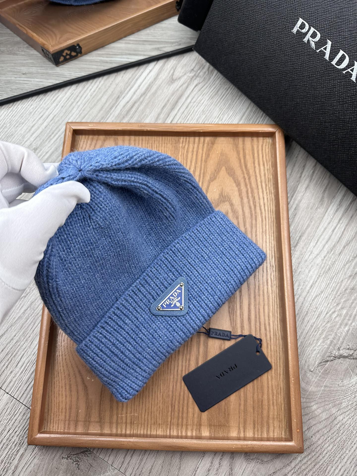 PRADA BEANIE HAT IN DOGGER BLUE WOOL 332396