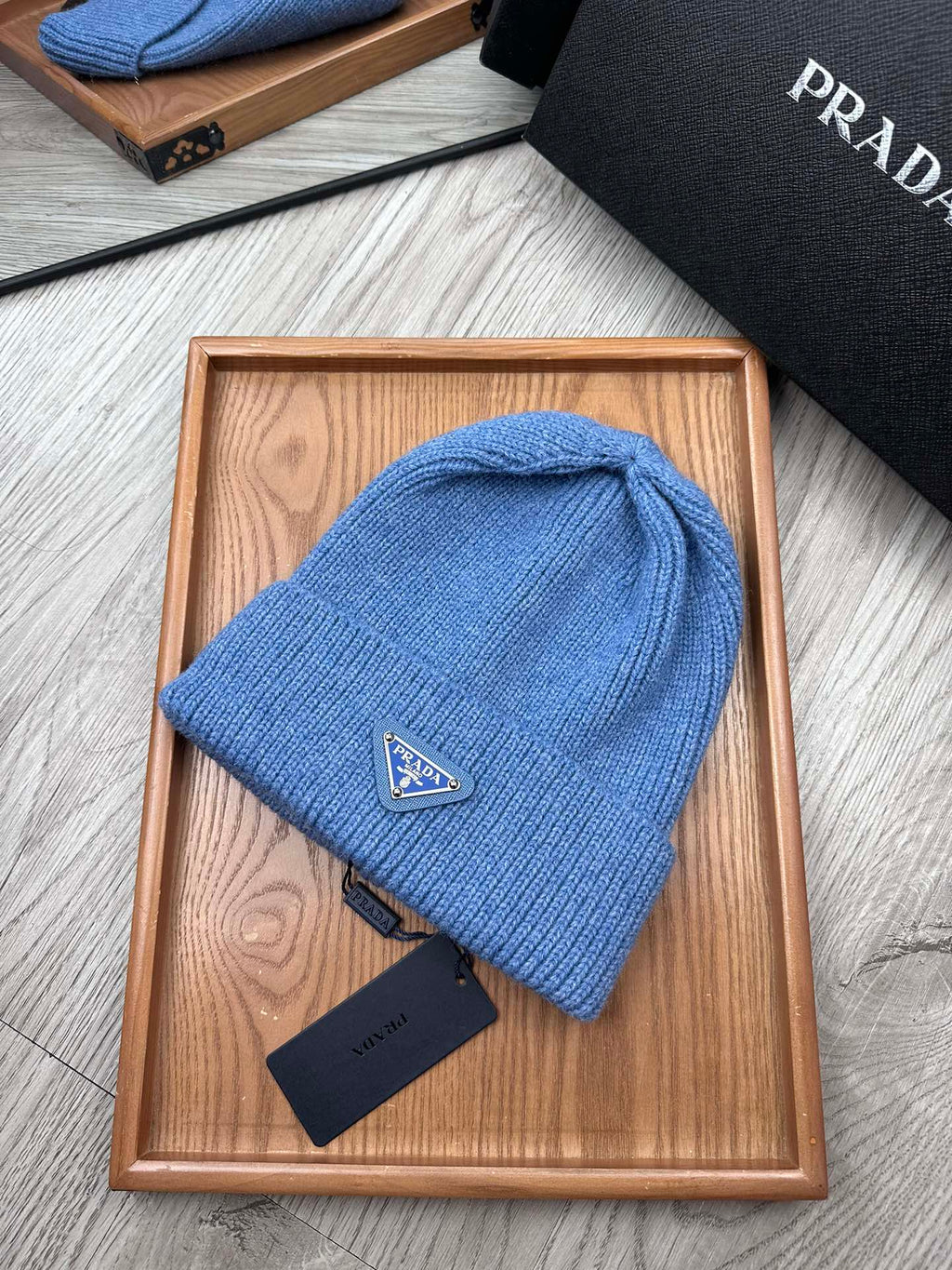 PRADA BEANIE HAT IN DOGGER BLUE WOOL 332396
