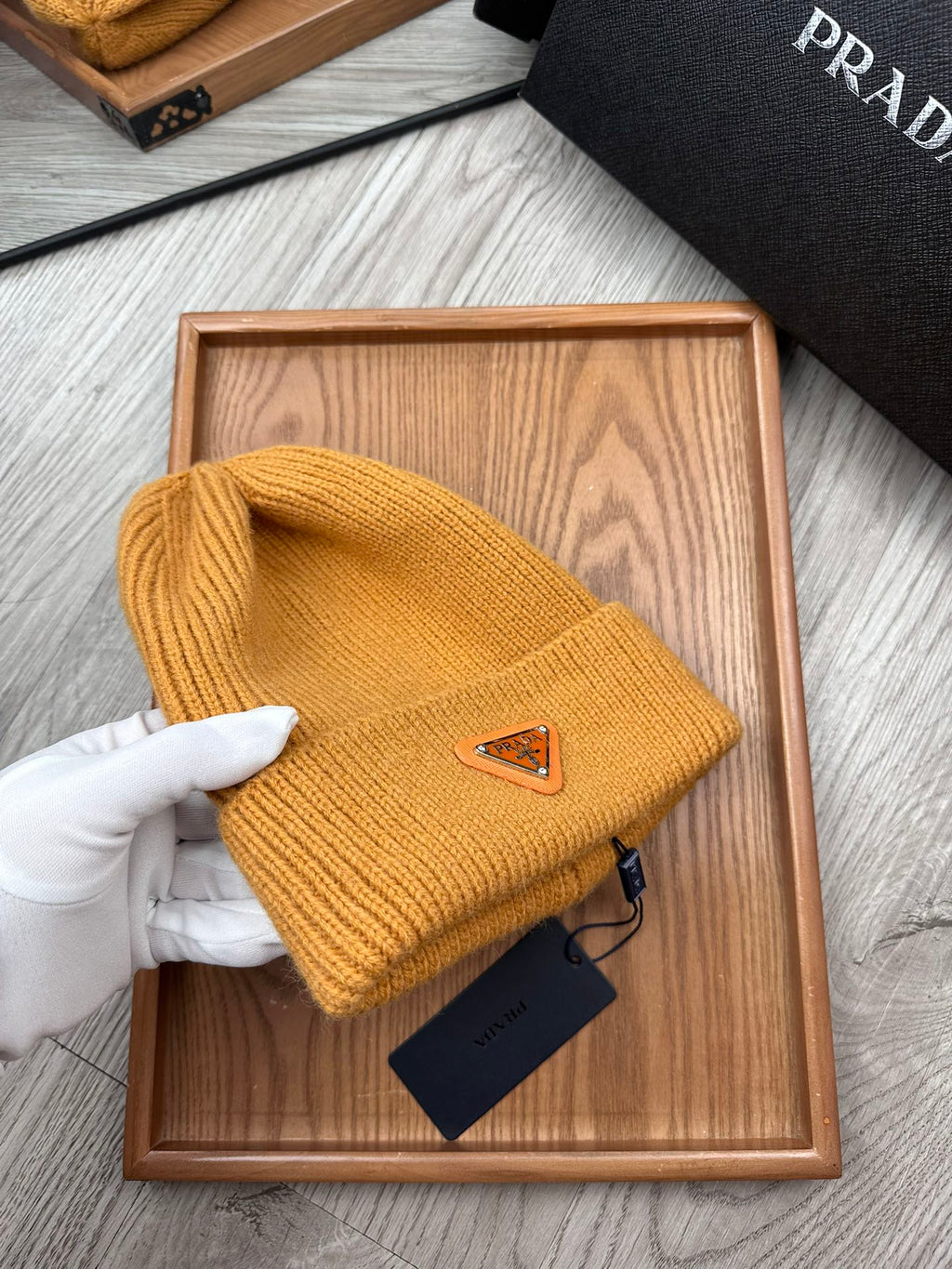 PRADA BEANIE HAT IN MUSTARD YELLOW WOOL 332397