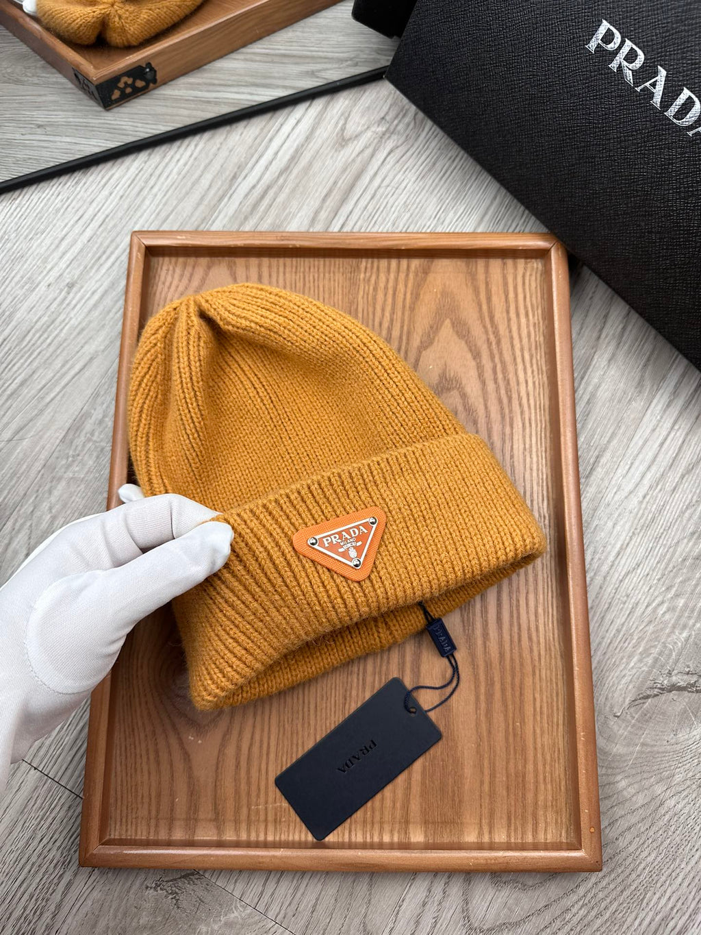 PRADA BEANIE HAT IN MUSTARD YELLOW WOOL 332397