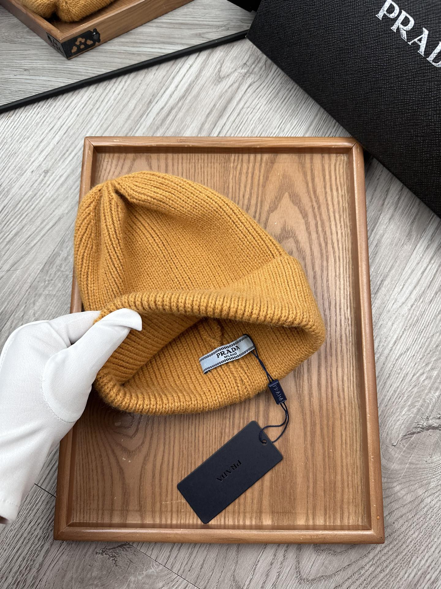 PRADA BEANIE HAT IN MUSTARD YELLOW WOOL 332397
