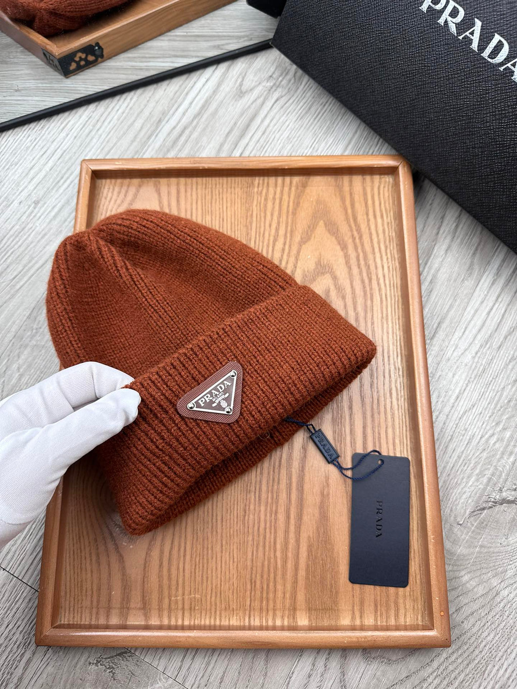 PRADA BEANIE HAT IN UMBER BROWN WOOL 332398