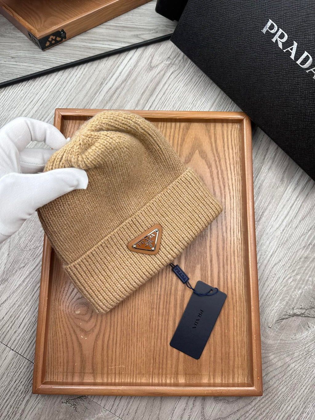PRADA BEANIE HAT IN LIGHT BROWN WOOL 332402