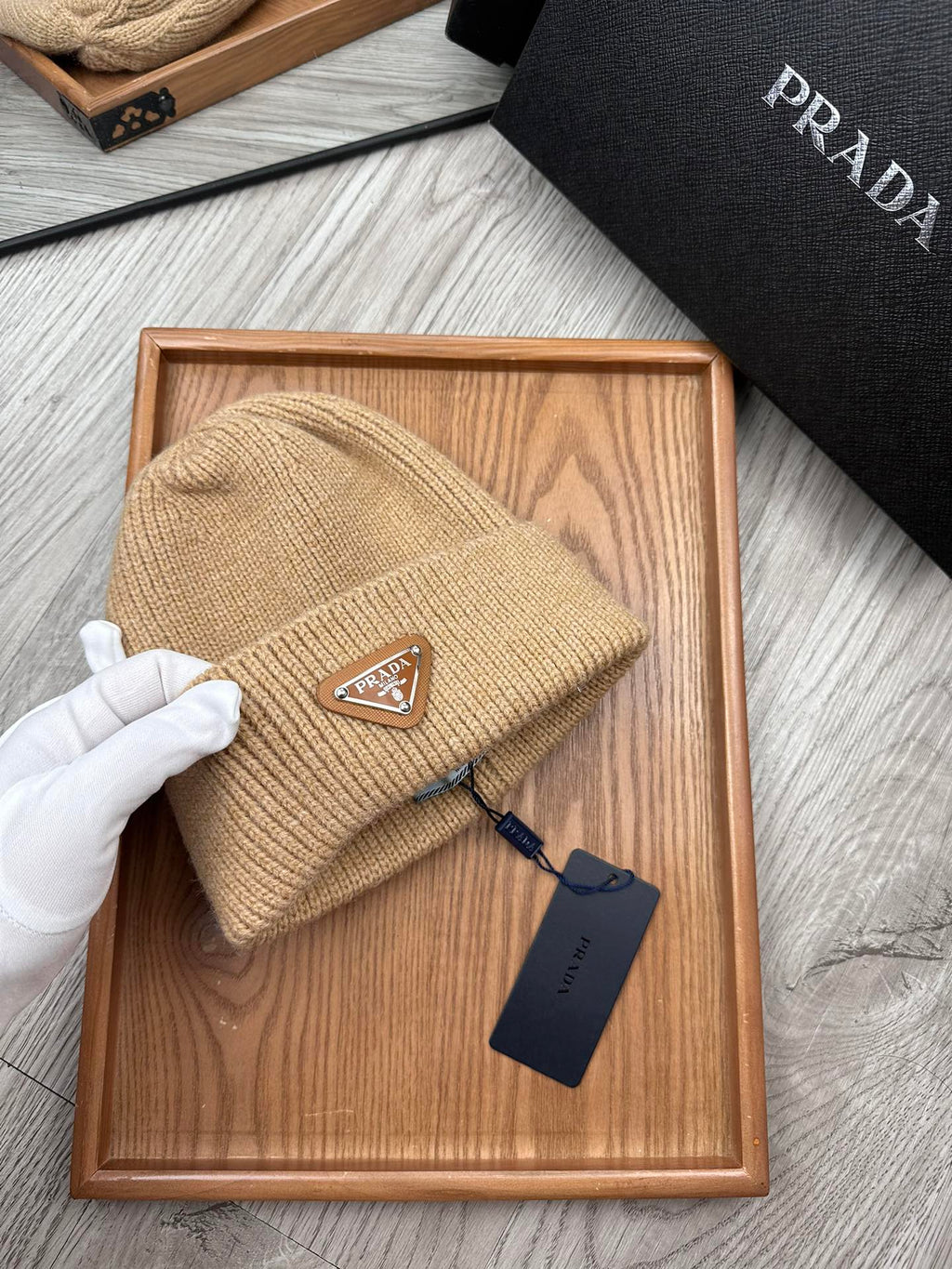 PRADA BEANIE HAT IN LIGHT BROWN WOOL 332402