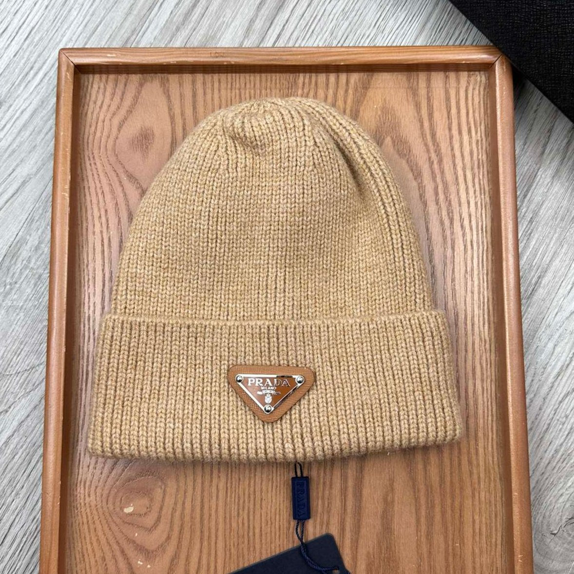 PRADA BEANIE HAT IN LIGHT BROWN WOOL 332402