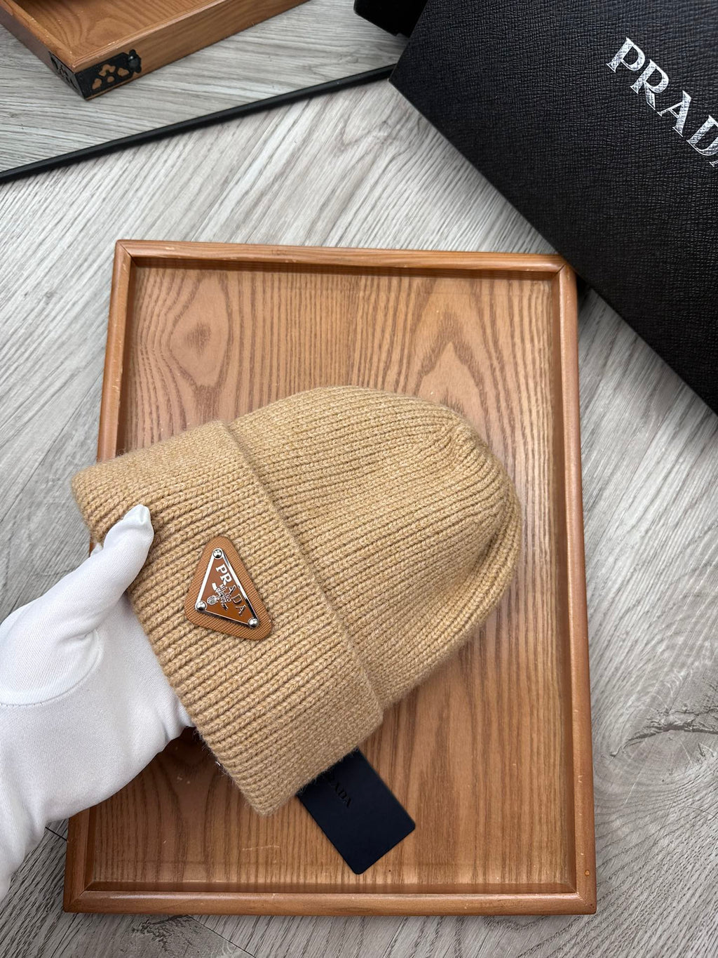 PRADA BEANIE HAT IN LIGHT BROWN WOOL 332402