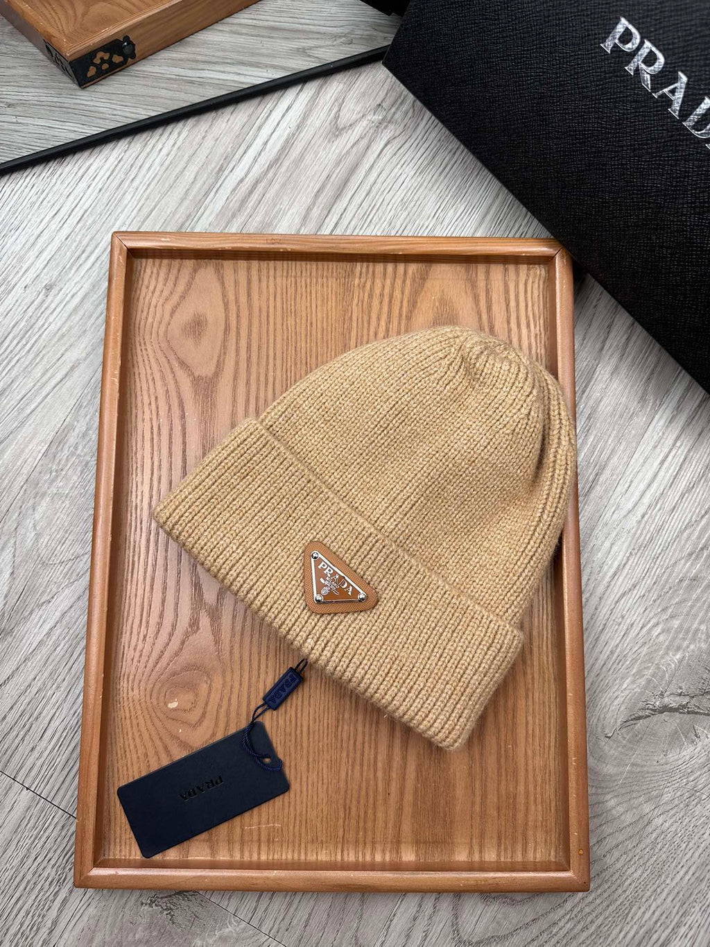 PRADA BEANIE HAT IN LIGHT BROWN WOOL 332402