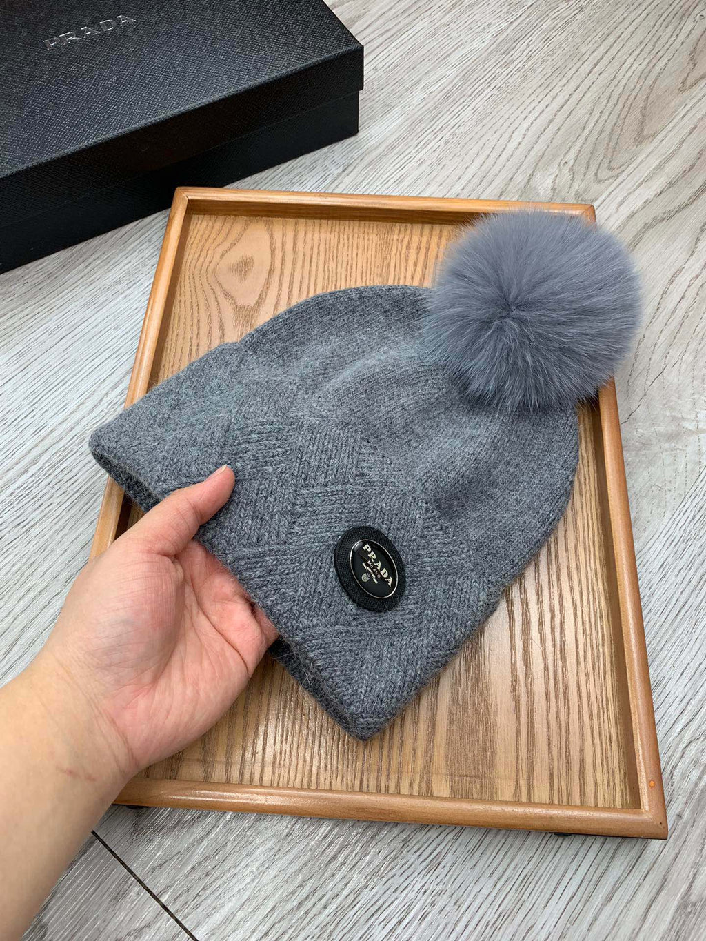 PRADA BEANIE HAT IN SHARK GRAY WOOL AND RABBIT FUR 346719