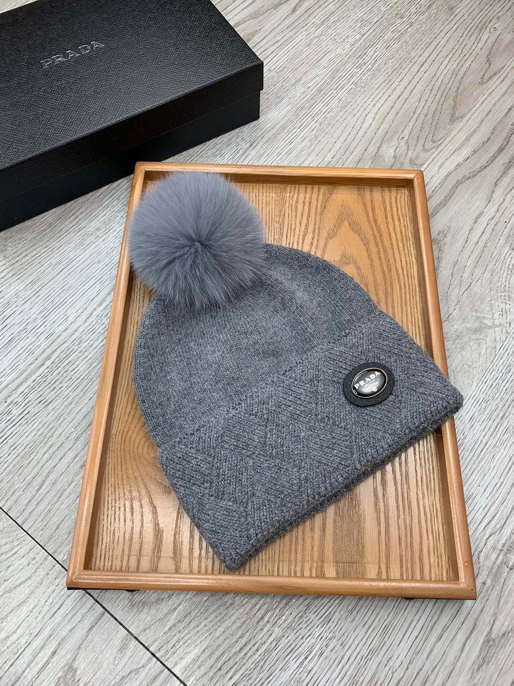 PRADA BEANIE HAT IN SHARK GRAY WOOL AND RABBIT FUR 346719