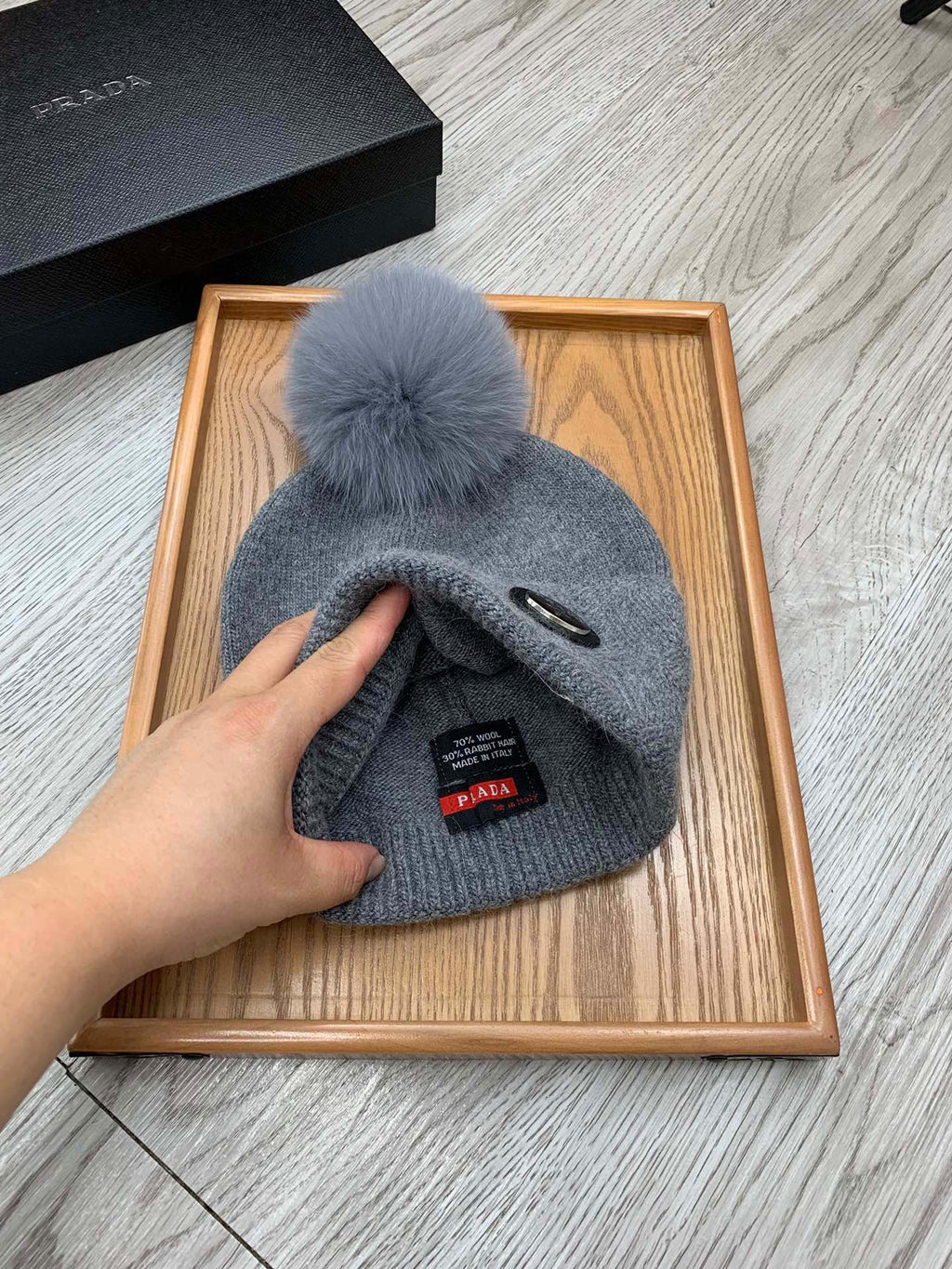 PRADA BEANIE HAT IN SHARK GRAY WOOL AND RABBIT FUR 346719