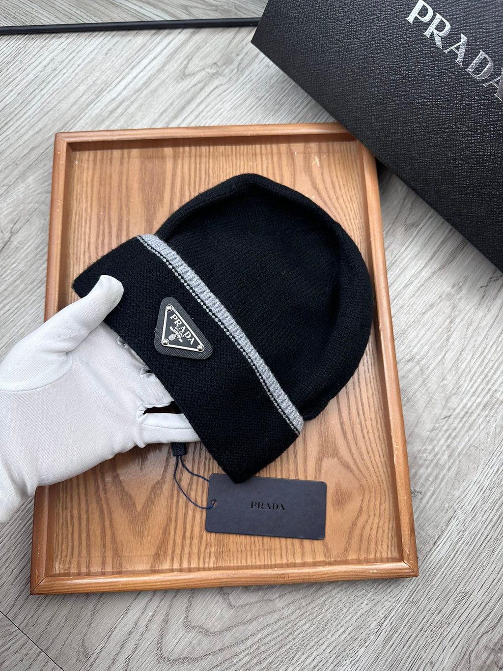 PRADA BEANIE HAT IN BLACK WOOL 349648
