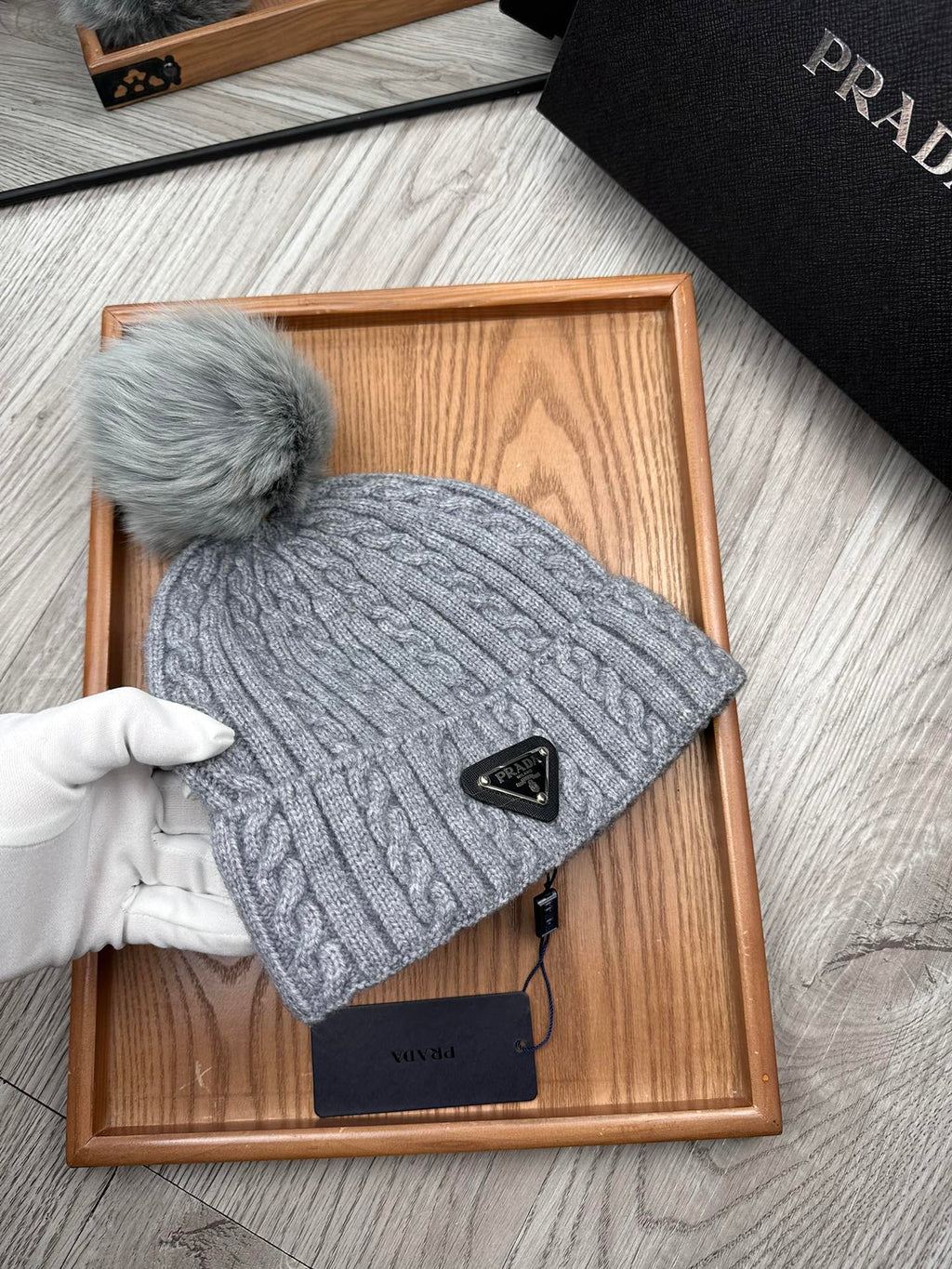 PRADA BEANIE HAT IN DOVE GRAY WOOL 352363