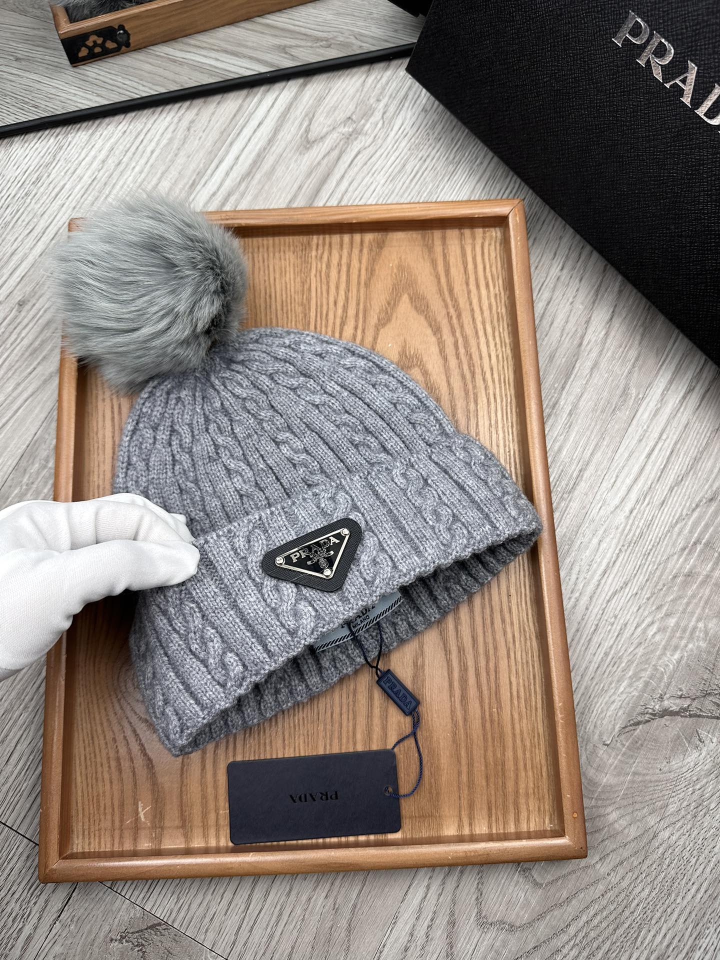 PRADA BEANIE HAT IN DOVE GRAY WOOL 352363