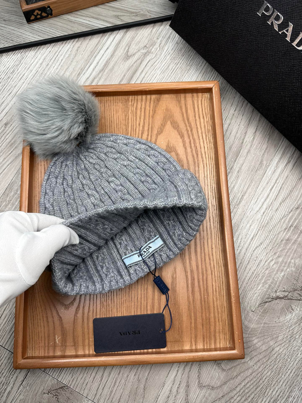 PRADA BEANIE HAT IN DOVE GRAY WOOL 352363