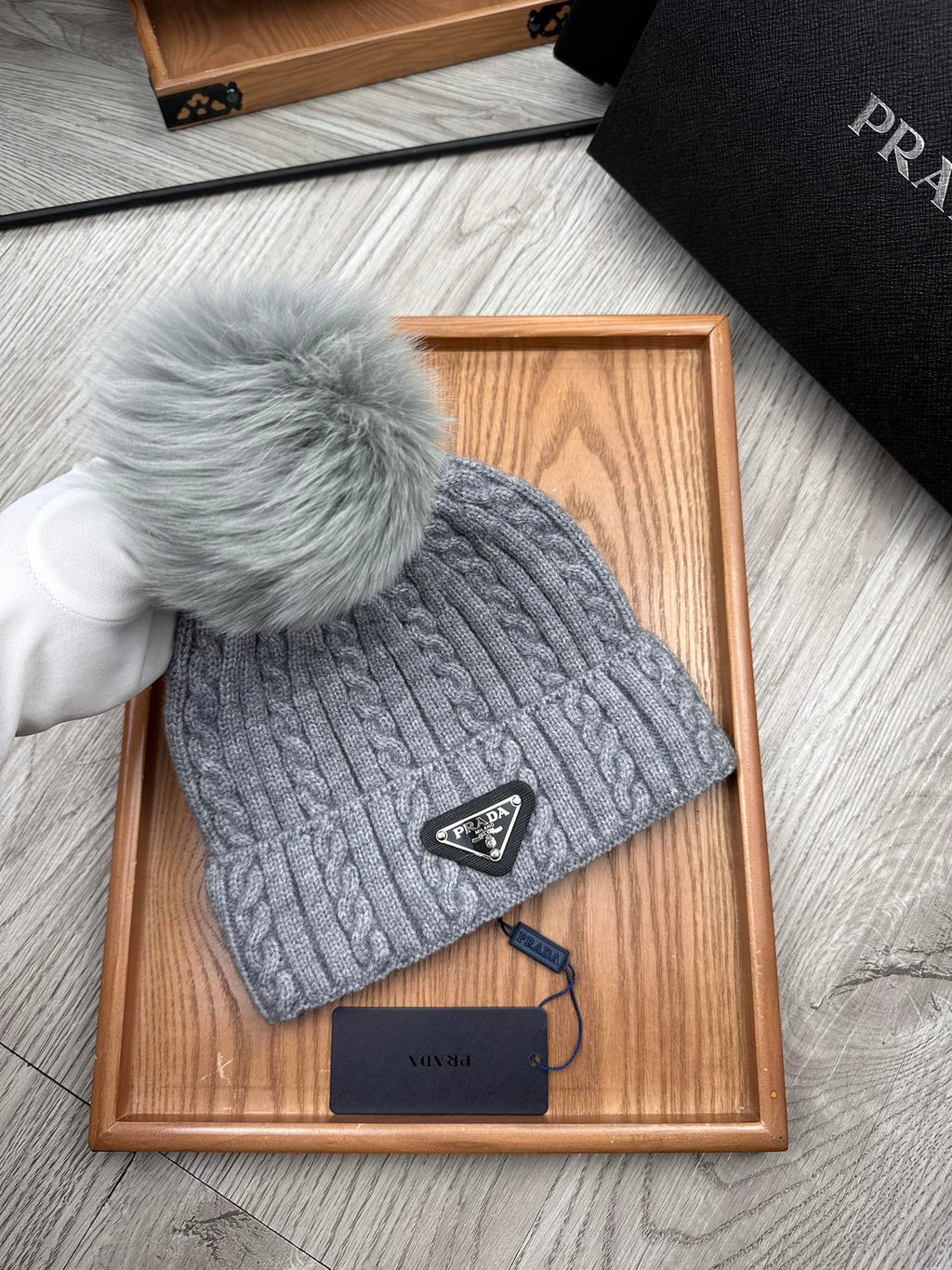 PRADA BEANIE HAT IN DOVE GRAY WOOL 352363