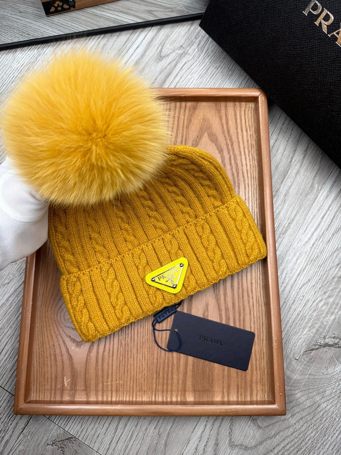 PRADA BEANIE HAT IN MUSTARD YELLOW WOOL 352365