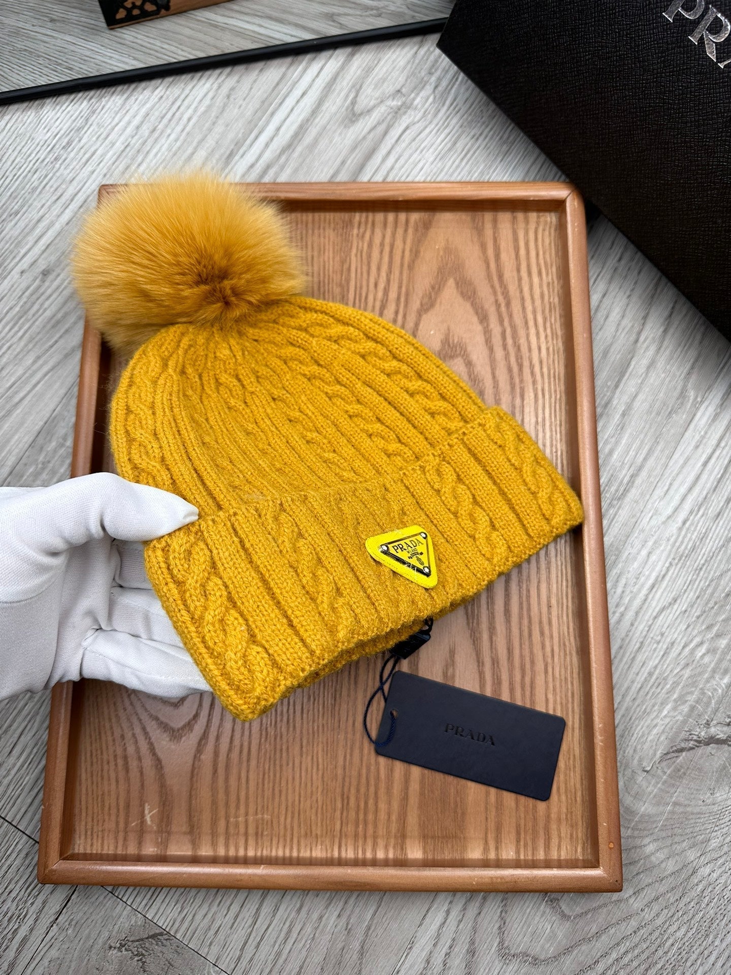 PRADA BEANIE HAT IN MUSTARD YELLOW WOOL 352365