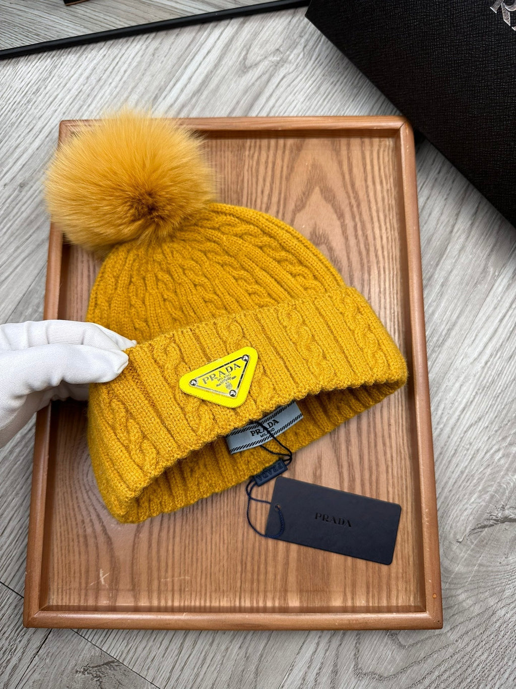 PRADA BEANIE HAT IN MUSTARD YELLOW WOOL 352365