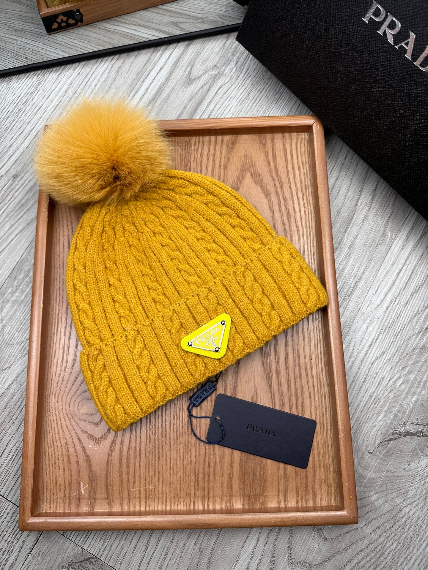 PRADA BEANIE HAT IN MUSTARD YELLOW WOOL 352365