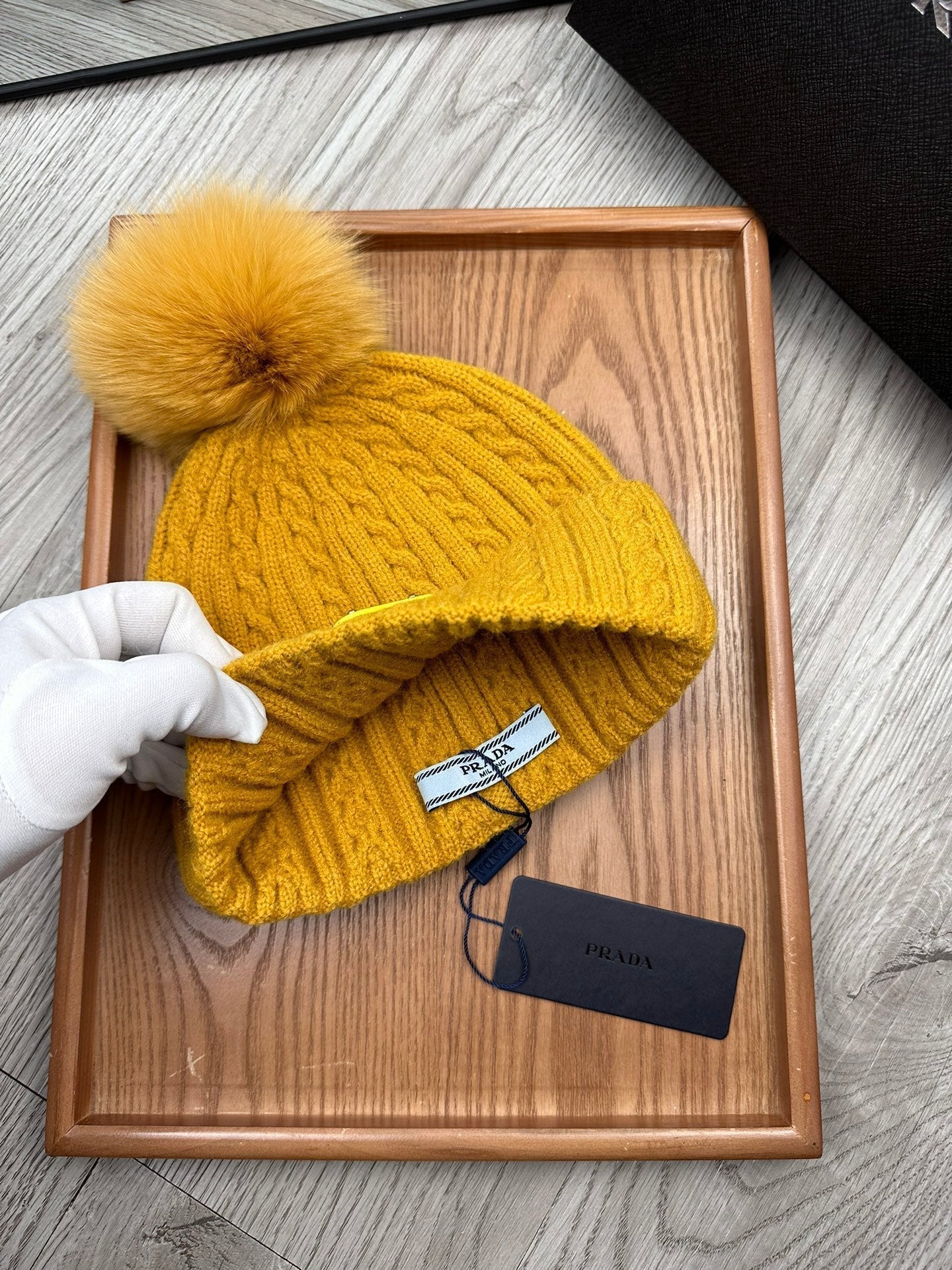 PRADA BEANIE HAT IN MUSTARD YELLOW WOOL 352365